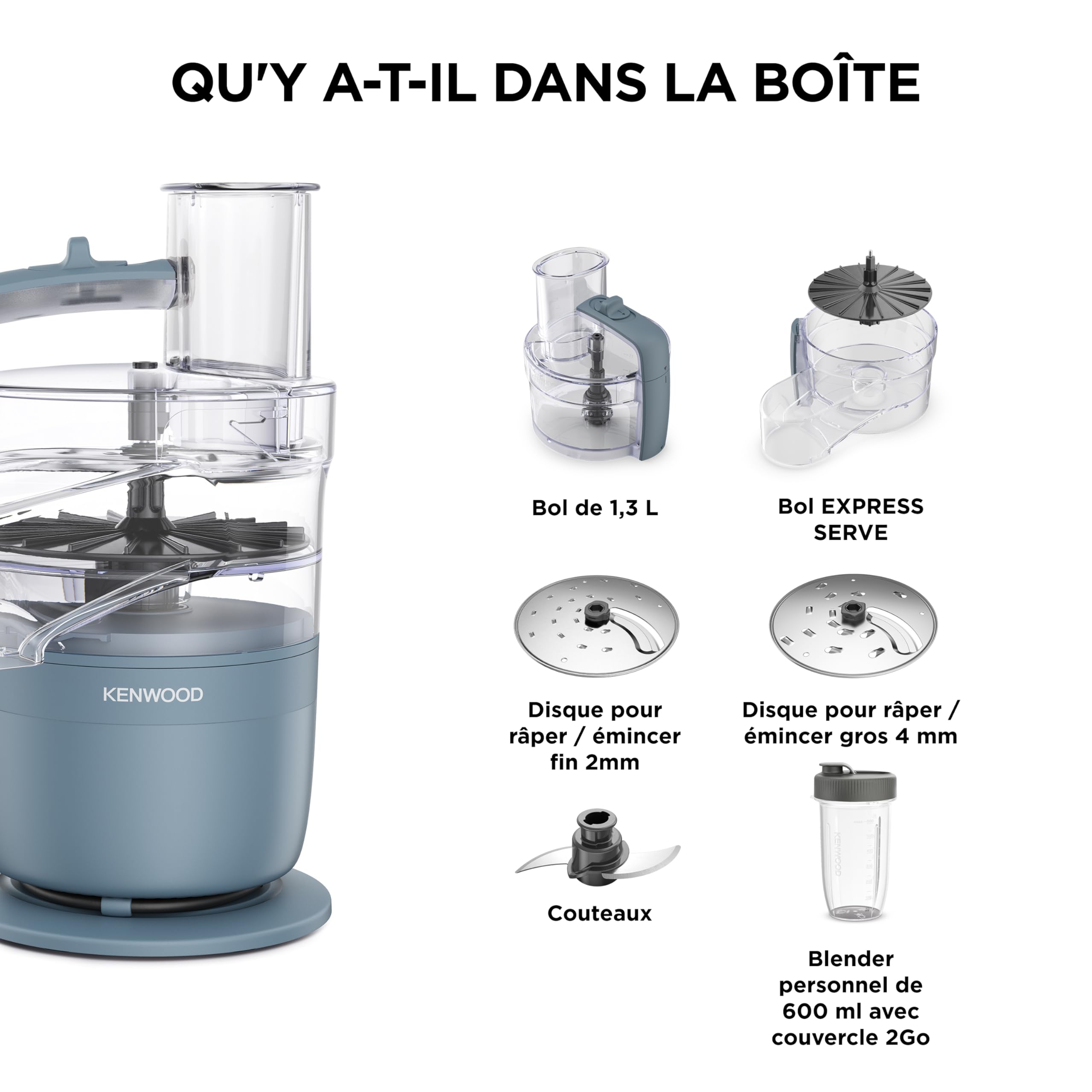 Kenwood MultiPro Compact - Processeur alimentaire avec Express Serve, lame en acier inoxydable, disques pour couper et râper, récipient de 600 ml, fonction Pulse, bleu tempête (FDP23.380GY)