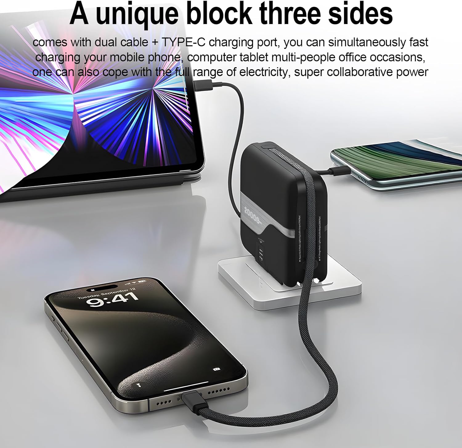 2-in-1 Retractable 65W Battery Pack Charger Portable – 20000mAh Fast Charger – Portable Charger Power Bank for iPhone, Android & More for Home & Travel - Power Bank Fast Charging with Built-in Cables