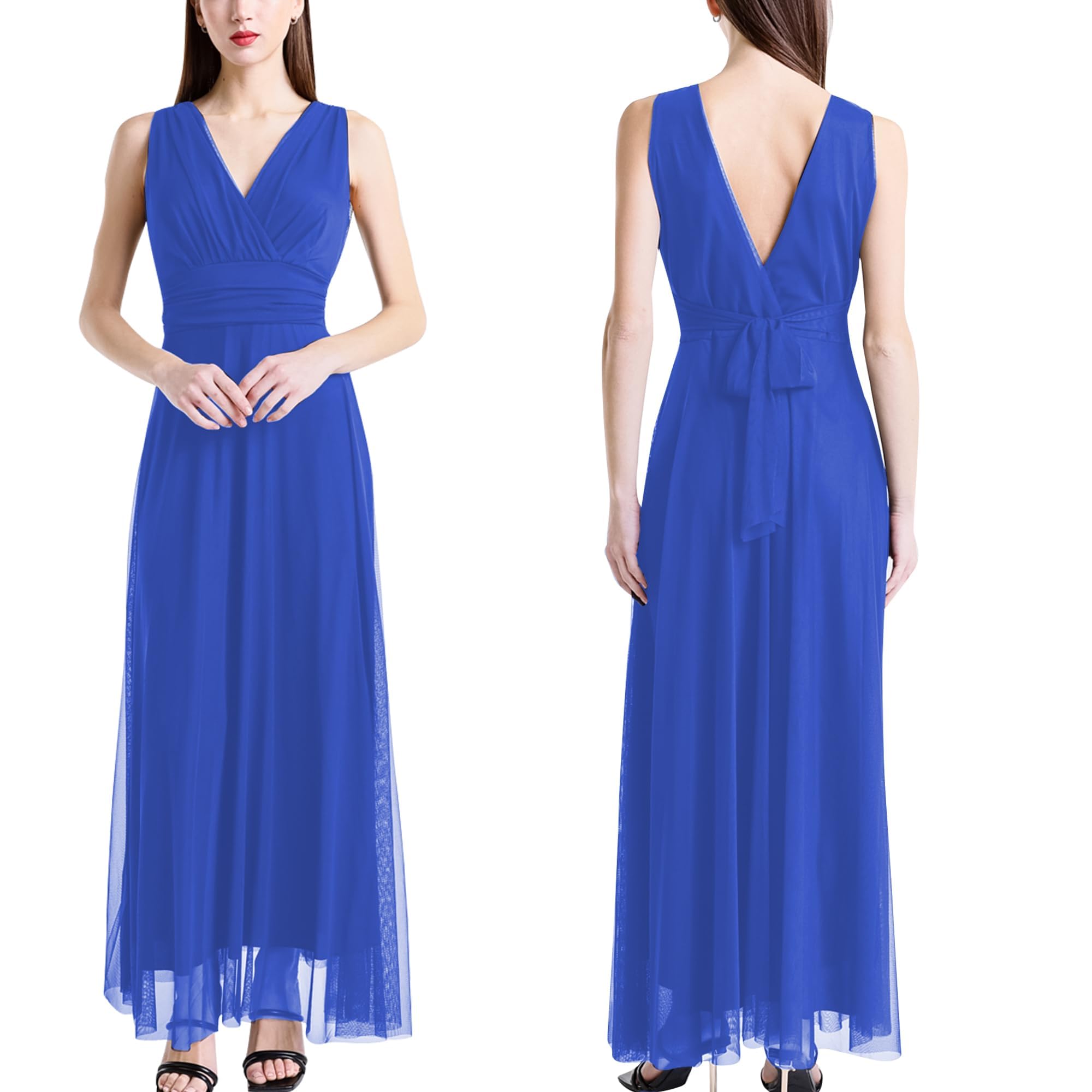 Abito Lungo da Cerimonia Donna in Tulle Elasticizzato con Scollo a V – Made in Italy