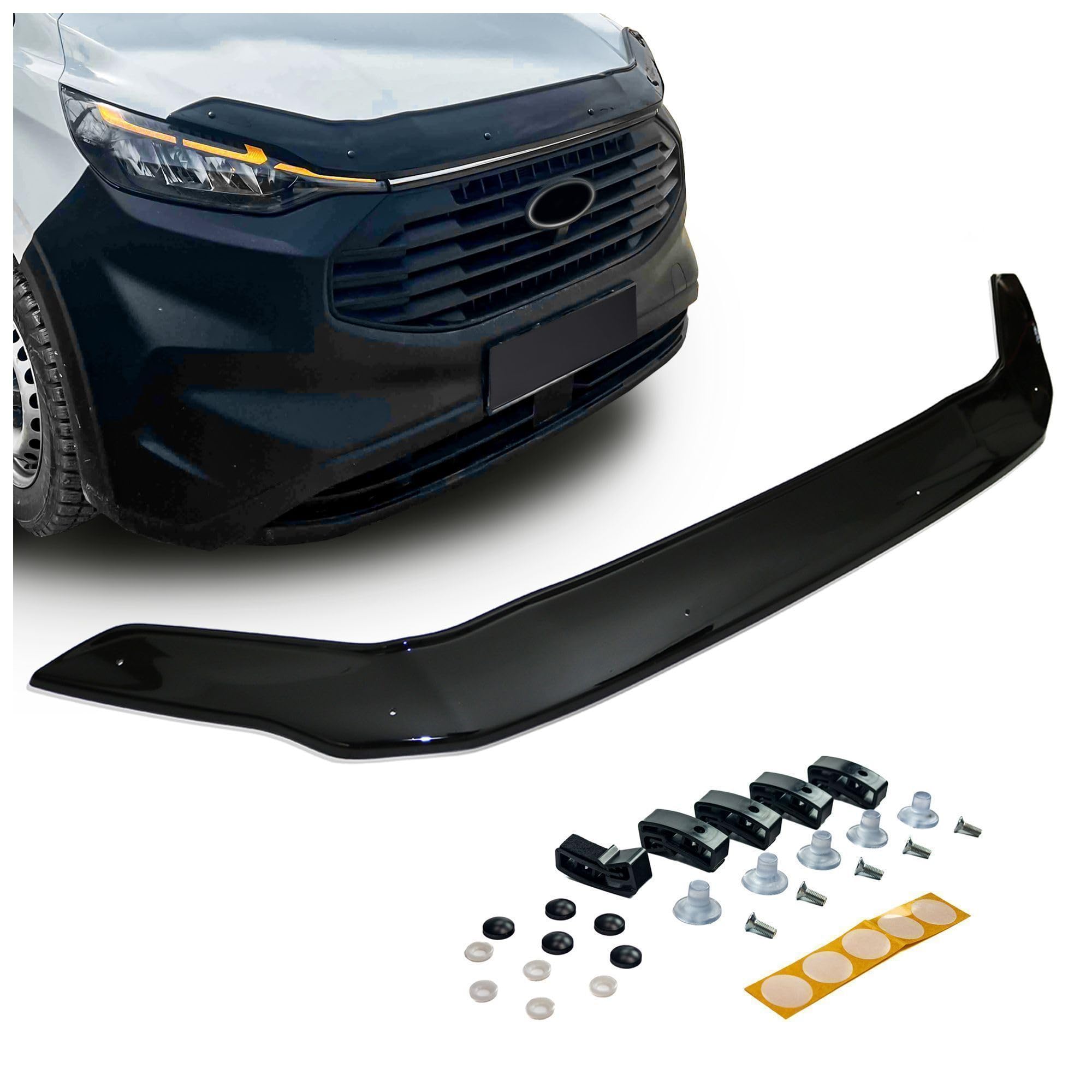 CHROMEMASTER Accessoires ; Protection Contre les Gravillons ; Protège-capot Compatible Ford Transit Custom 2023+ ABS, Brillant, Noir ; Le Déflecteur de Capot Protège Contre les Projections de Graviers