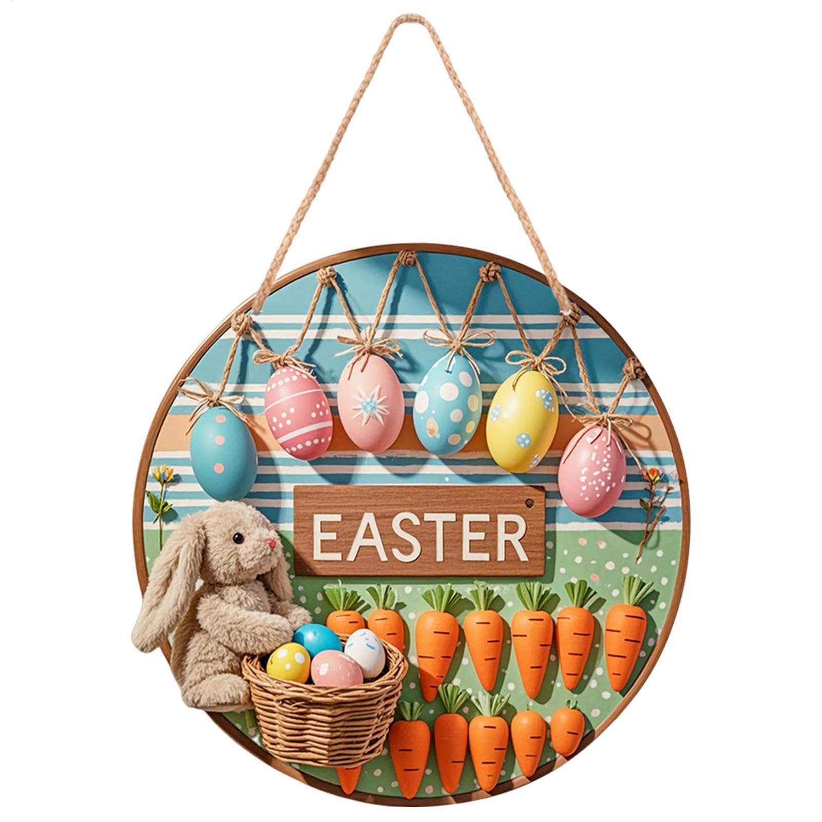Adorno de conejo de Pascua de madera para colgar en la puerta de entrada y decorar el porche