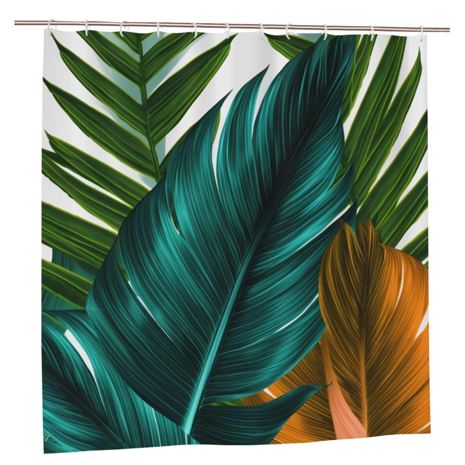 BWWHCCTI Tropical Palm Tree Leaf Printed Shower Curtain With 12 Plastic Hooks Opaque Quick Drying Waterproof Shower Curtains Sets For Bathroom 183x183 CM