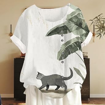 Women's Basic Short Sleeve Shirts Summer Beach Causal Lightweight Trendy Blouses Colorful Fruit Floral Pattern Top