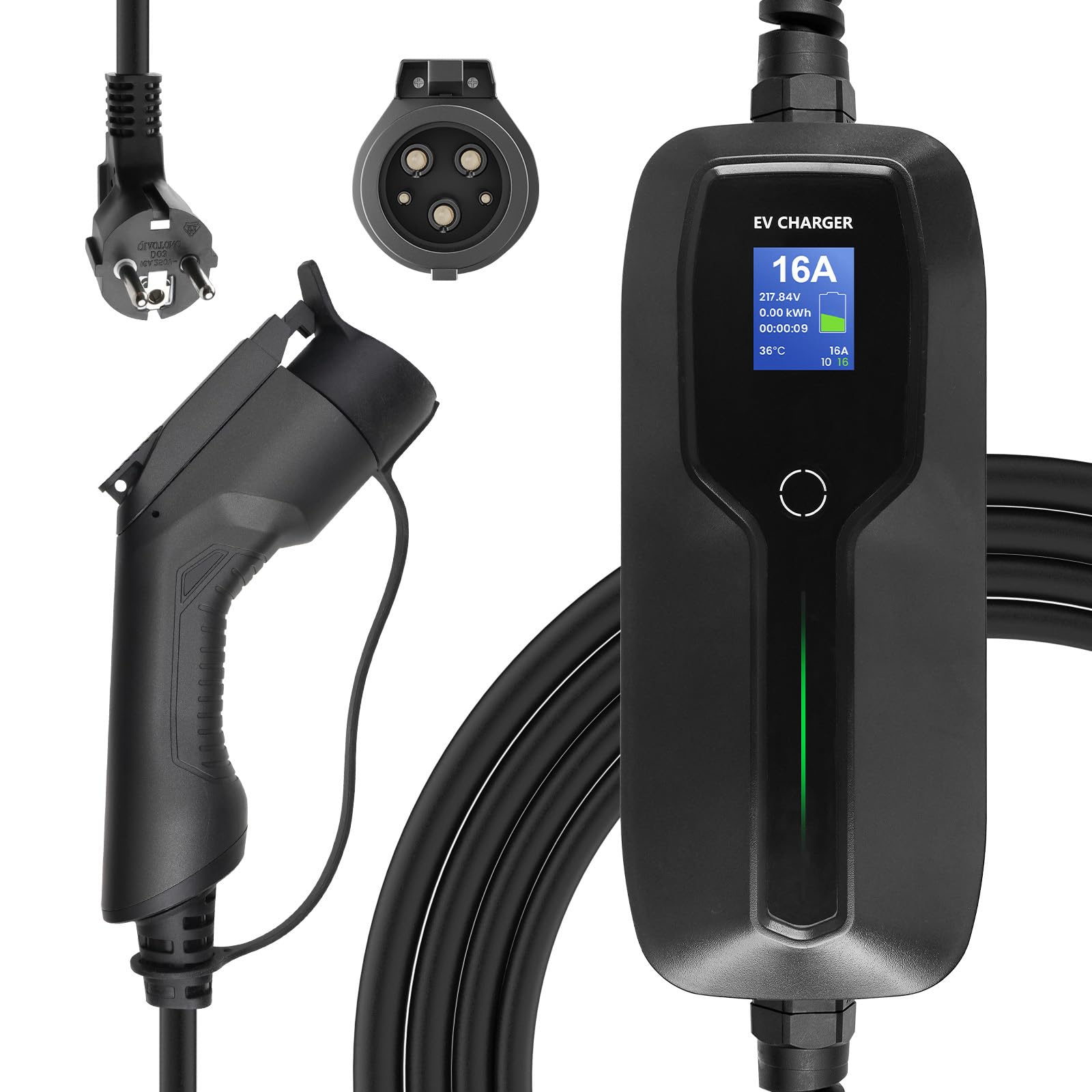 Morec Type 1 Chargeur ev 2,2/3,6kw Chargeur Voiture Electrique Cable de Recharge commutable 10 / 16A EV avec écran Schuko 2 Broches SAE J1772 EVSE 6m / 20ft