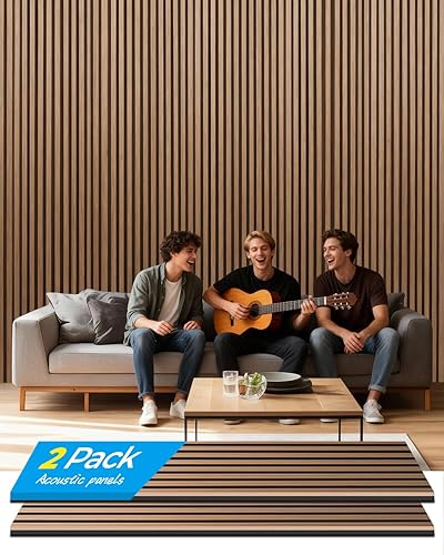 Miniatura 1 de Paneles de pared acústicos, 2 paneles de pared insonorizados con listones de madera 3D para decoración de interiores, reducción de ruido para cine
