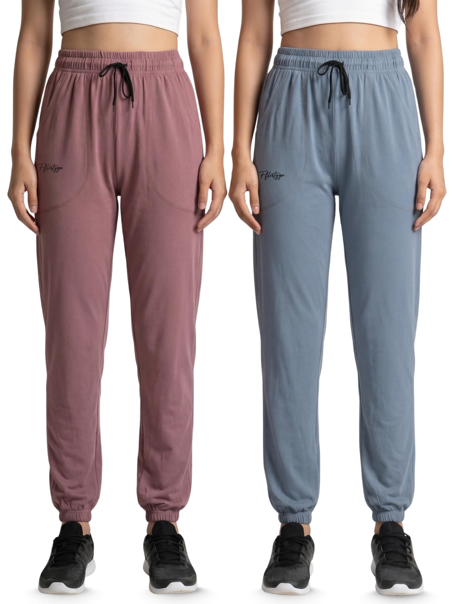 fflirtygo Cotton Solid Joggers/Track Pant/Solid Pajama/Leggings �100% Export Quality Soft Cotton Night Wear/Pocket Pyjama for Women Combo Pack of 2Pcs, Blue and Grey-picture-1