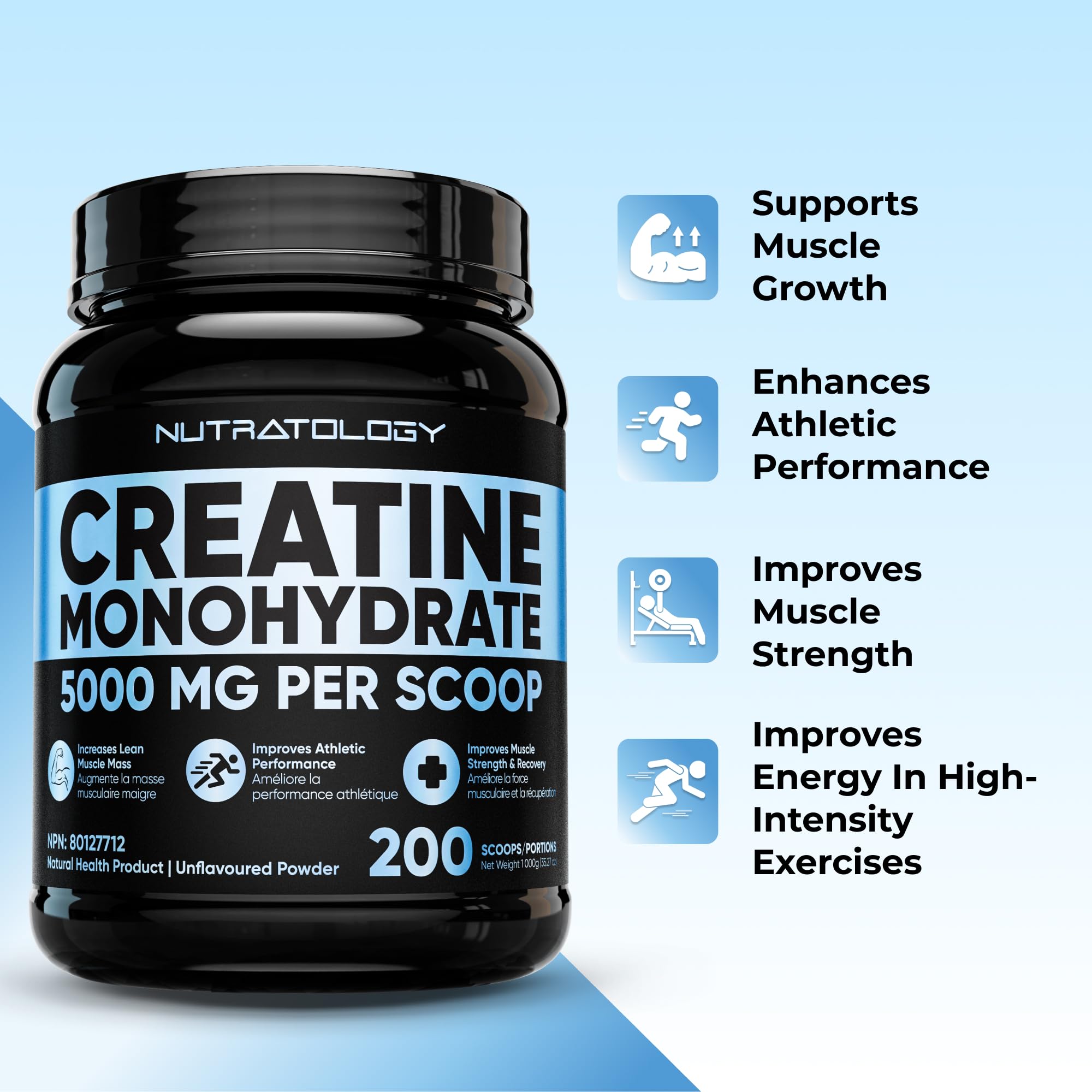 Nutratology Pure Micronized Creatine Dissolves Easily | Creatine Monohydrate Powder 1000g - For Increased Muscle Growth & Performance - Supports Athletic Performance - Creatine Powder for Workouts - 200 Servings in use