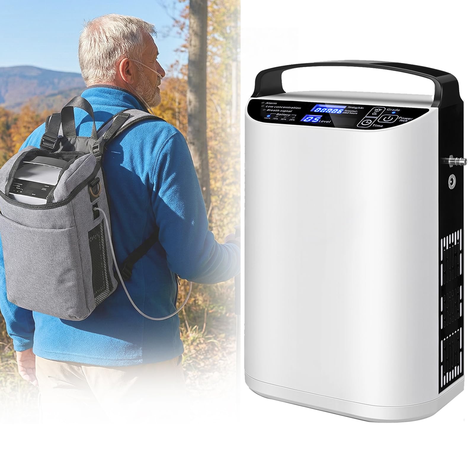Przenośny Koncentrator Tlenu Pulsacyjny 6Poz. 93% Bateria 2.8kg | Tlen pulsacyjny 6 trybów (150-1000ml), 93%±3%, bateria wymienna 91.6Wh, 2.8kg, plecak, auto/zasilacz.