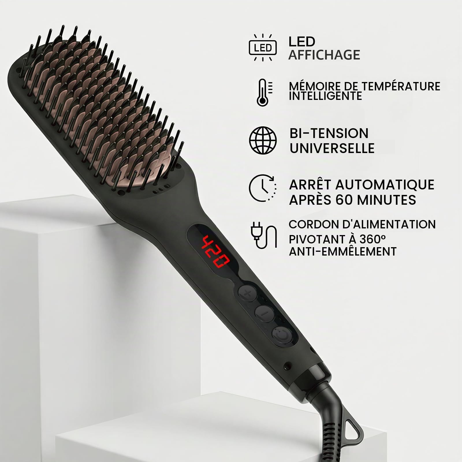 Brosse lissante ionique en céramique MEGAWISE Pro pour salon de coiffure | Technologie de chauffage rapide MCH 20 s avec arrêt automatique | Anti-brûlure grâce à sa double tension universelle