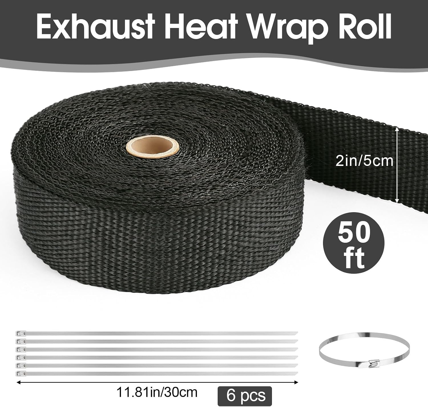 Exhaust Heat Wrap Roll, 2" x 50' Fiberglass Heat Shield Tape, Black Header Wrap with 6 pcs Stainless Ties for Motorcycle Car Truck Exhaust Pipes