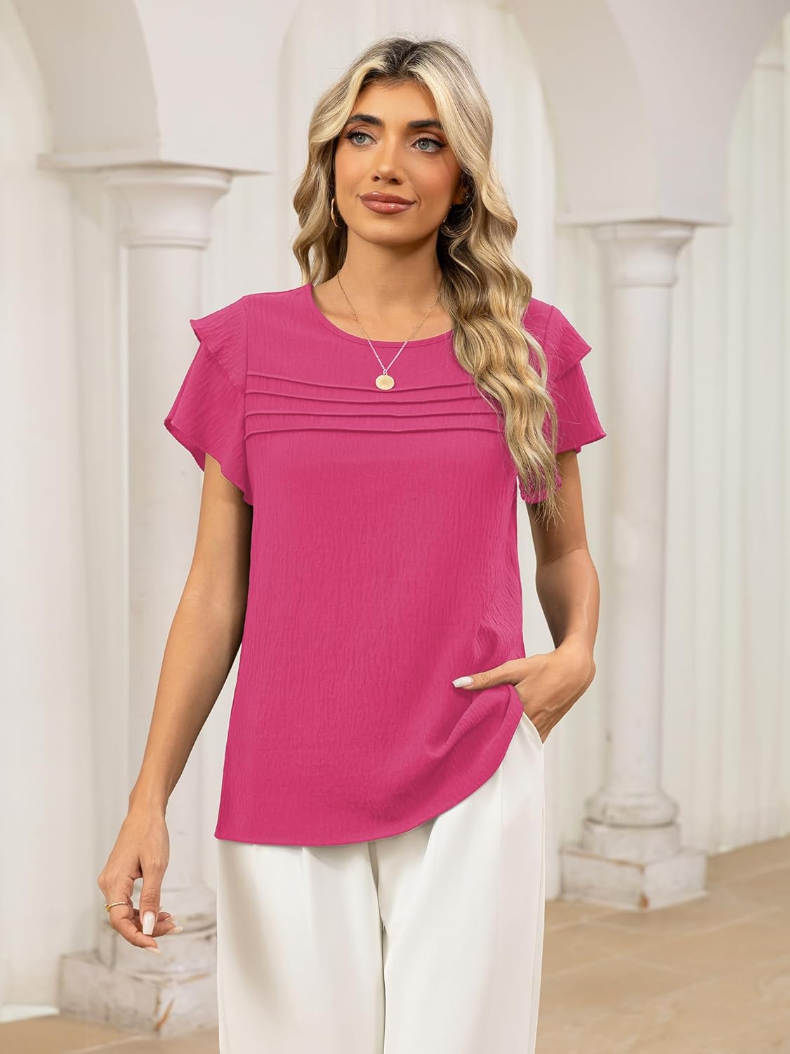 Funlingo Womens Dressy Casual Blouses Summer Ruffle Short Sleeve Tops Crew Neck Pleated Front Shirts 2026 - Image 2