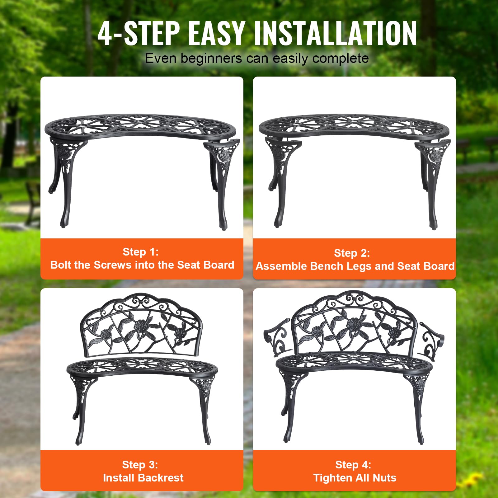 VEVOR, Metalowa ławka ogrodowa do użytku na zewnątrz, 98 cm, czarna, 98 cm