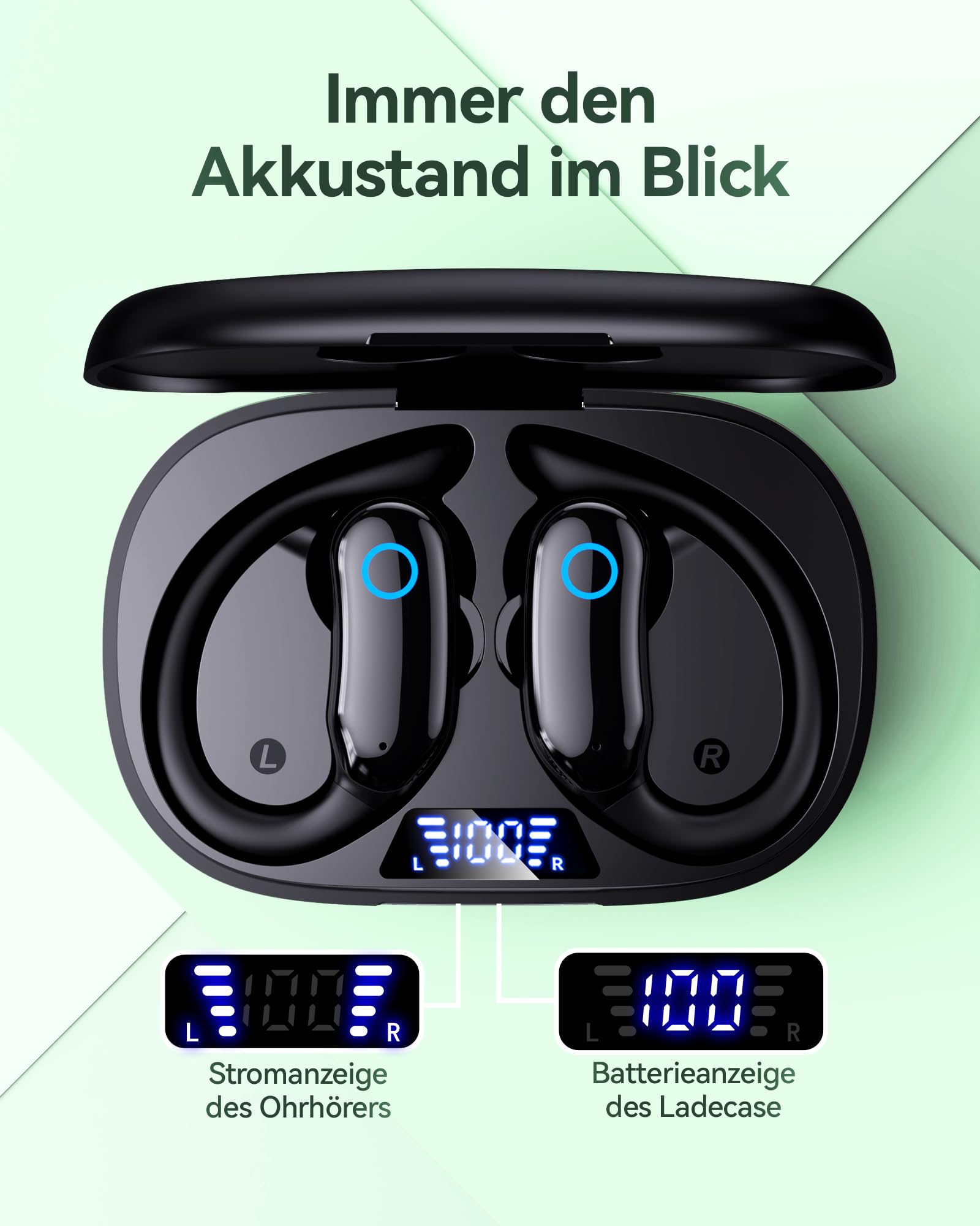 Sport Kopfhörer Bluetooth mit Ohrbügel, ANC Noise Cancelling & Transparenzmodus, 96H Laufzeit, IPX7 Wasserbeständig, ENC Mikrofon, In-Ear Kopfhörer mit sicherem Halt für Laufen, Fitness & Pendeln