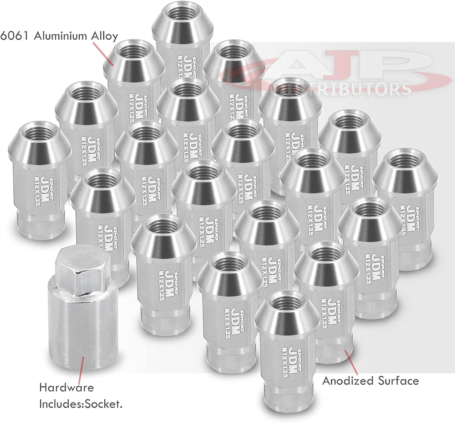 AJP Distributors Universal JDM Sport M12 X 1.25MM Thread Pitch 20-Pieces Hexagonal T-6061 Aluminum Open End Wheels Rims Tuner Lug Nuts Set Kit Anodized Silver w/Socket Adapter Key