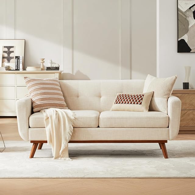 Kingfun 65.2" W Loveseat Sofa, Mid Century Modern Decor Love Seat Couches for Living Room, Button Tufted Upholstered Furniture, Easy to Install Small Couch for Bedroom Office Apartment, Cream White