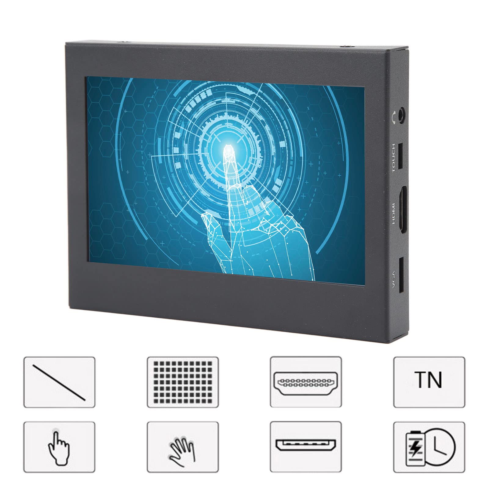 5-calowy monitor z ekranem dotykowym, rozdzielczość 800 x 480, szeroki kąt widzenia, interfejs multimedialny VGA USB HD, lekka i przenośna konstrukcja, materiał ze stopu aluminium,