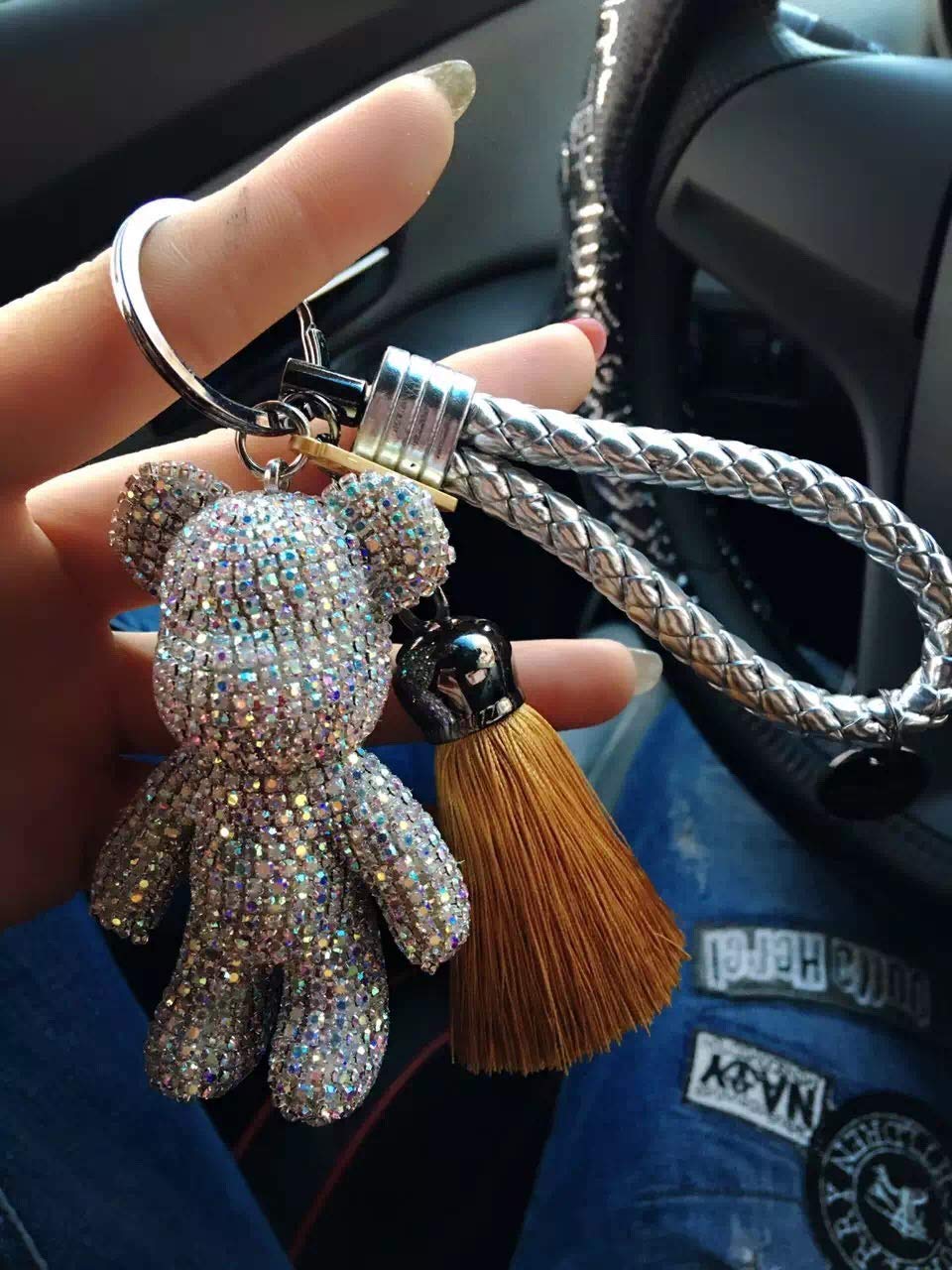 Chic Bear Keychain Leather Rope Tassel iridescent Rhinestone Fashion Women Key chains Keyring Car Keys Holder : Handmade Products