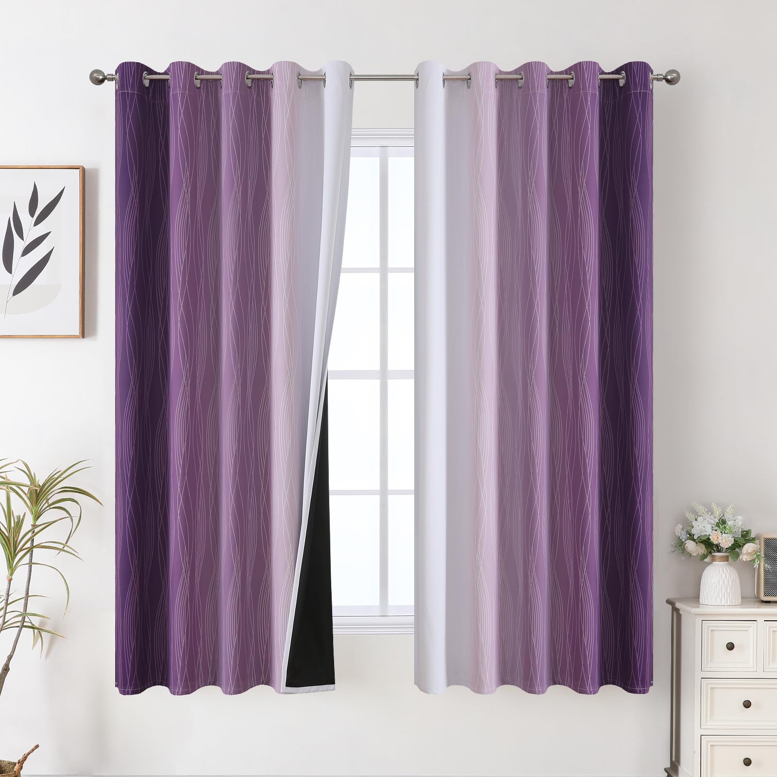 Purple and Greyish White Ombre Blackout Curtains for Bedroom 63 Inches Long
