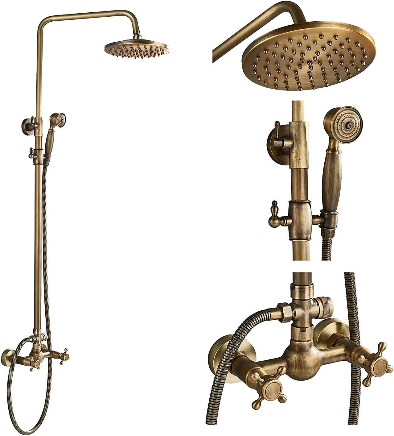 Wall Mounted Antique Brass Bathroom 2 Cross Knobs Mixer Shower Combo Set 8-Inch Rainfall Shower Head with Hand Spray,Luxury Shower Set