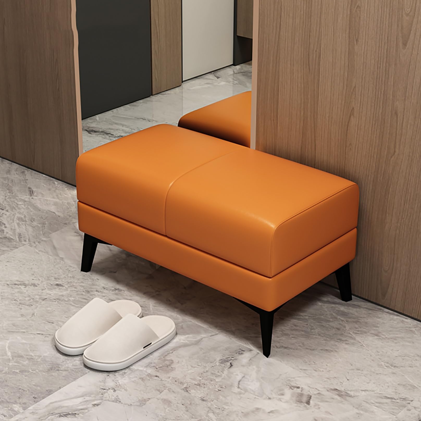 Banc d'entrée moderne orange 100cm avec pouf de rangement et coussin confortable