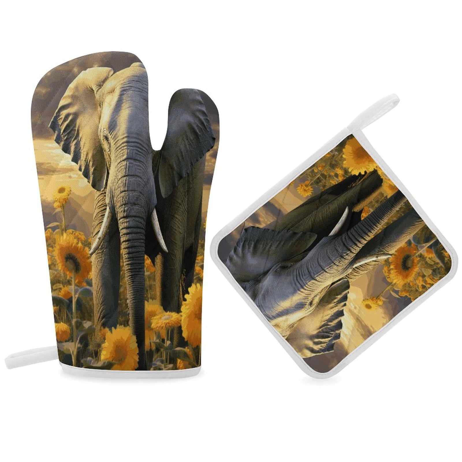 Fodpand Women's Style Elephant With Sunflower Oven Mitts And Pot Holders Sets,Oven Gloves For Kitchen Oven Mitts And Potholders For Baking Cooking Grilling Apartment Essentials