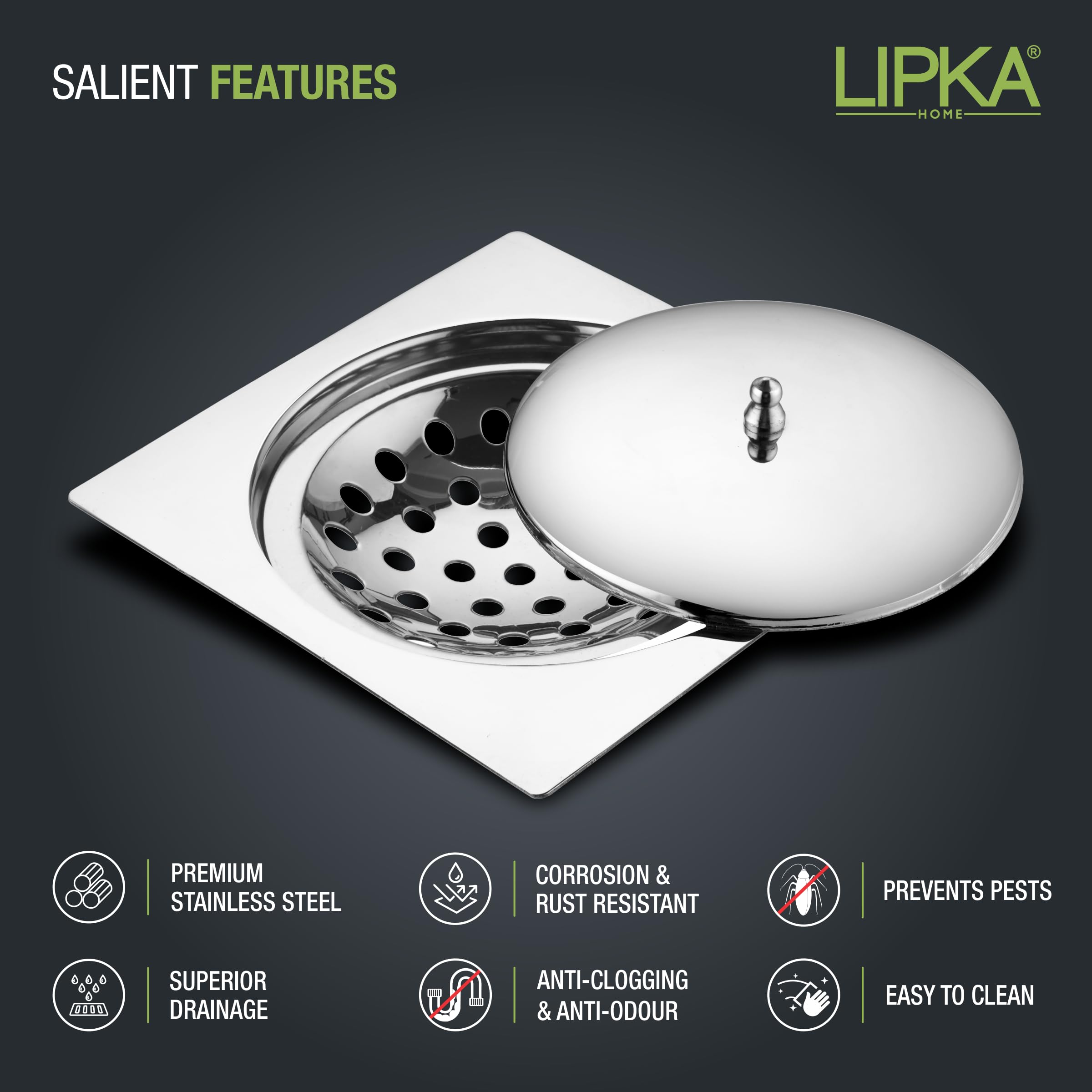 LIPKA Saturn 5 x 5 Inches Square Flat Cut Floor Drain with Classic Jali | Premium Stainless Steel Floor Drain & Cover with Lid | Floor Drain for Bathroom Drainer Kitchen, Balcony, Wet Area 1