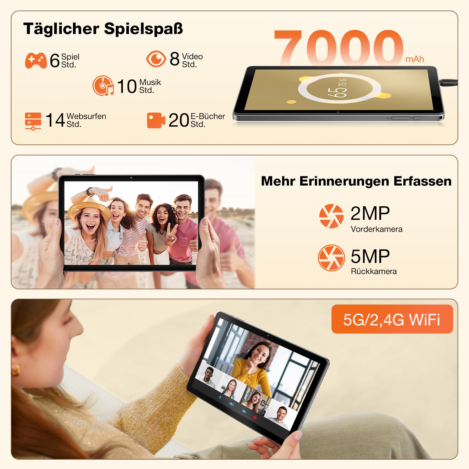 Android 16 Tablet 10 Zoll mit Tastatur, Maus & Stift, Unisoc T606 CPU, 26 GB RAM + 128 GB ROM + 1 TB TF, 1280x800 HD IPS-Display, Duale Kamera, 7000 mAh, WiFi 6, BT 5.0, Widevine L1, GPS (Grau Hülle)