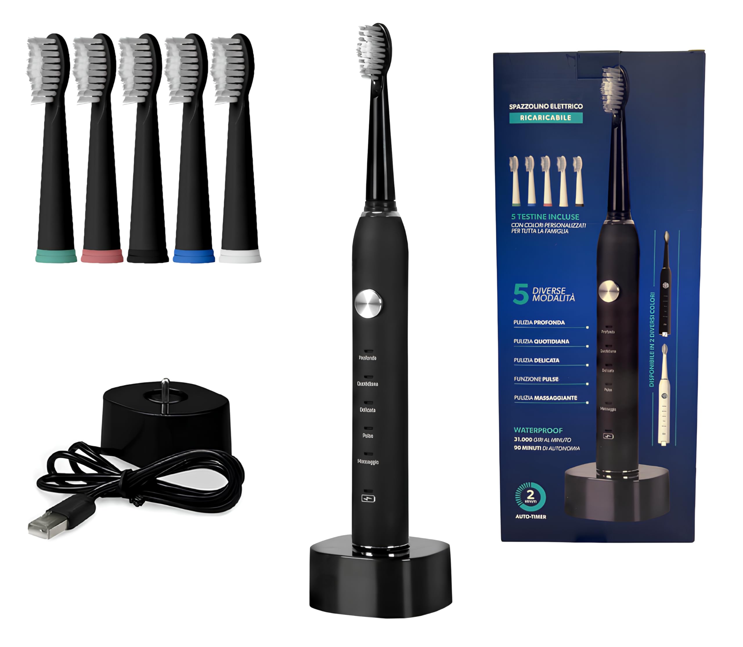 Professionelle wiederaufladbare elektrische Zahnbürste 31000 Oszillationen pro Minute 5 Bürstenköpfe Ladestation 5 Bürstenmodi Akku lange Lebensdauer Professioneller Schutz rotierend Massage