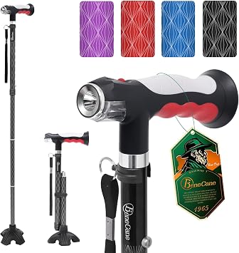 BeneCane Walking Cane for Women Folding Cane for Men with Two Led Lights Quad Cane with Stable Base Lightweight and Adjustable Walking Stick