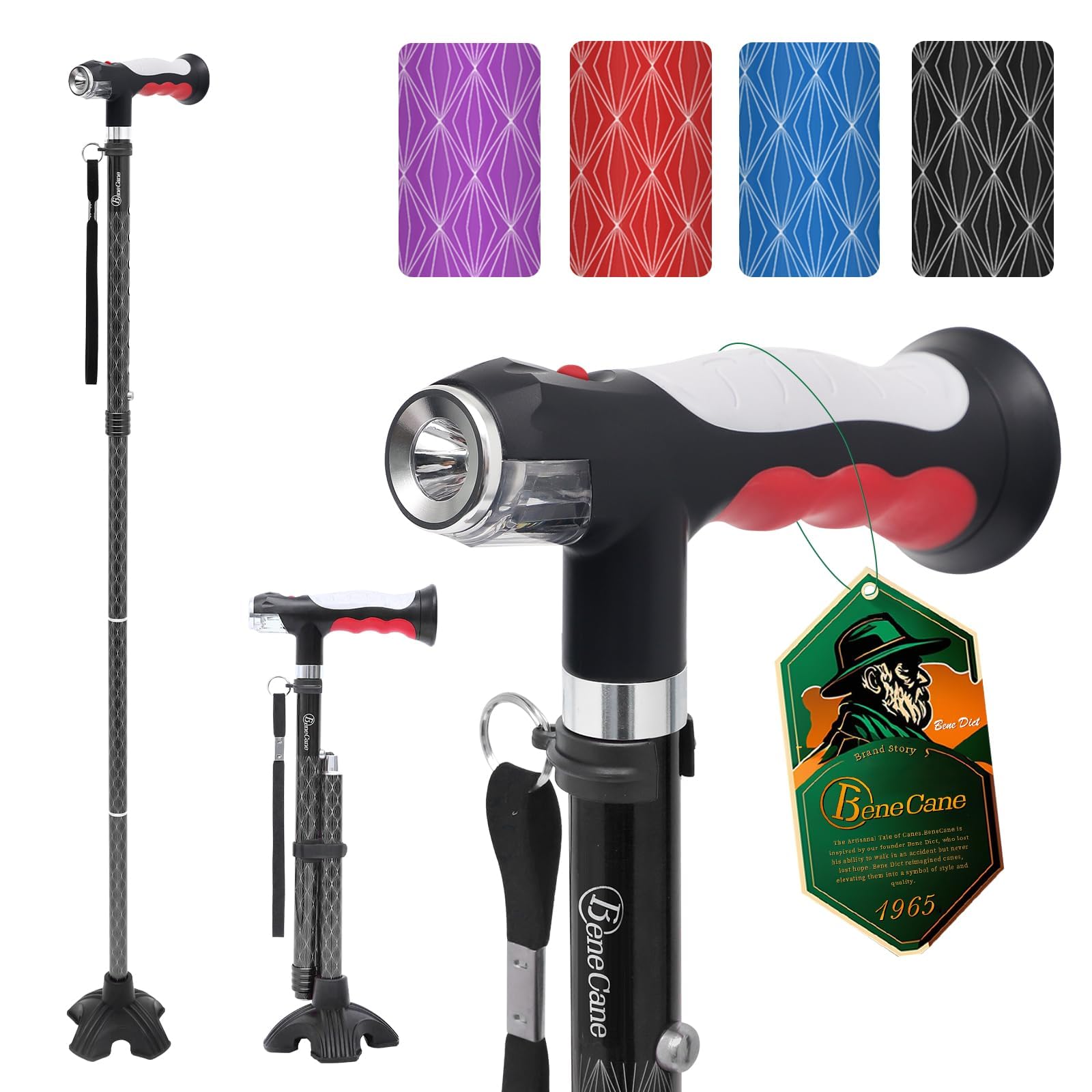 BeneCane Bastón con Dos Luces LED para Hombres y Mujeres, bastón de Altura Ajustable con Base Estable, bastón Plegable con Mango en T, Ligero, Ayuda a Caminar a los Ancianos