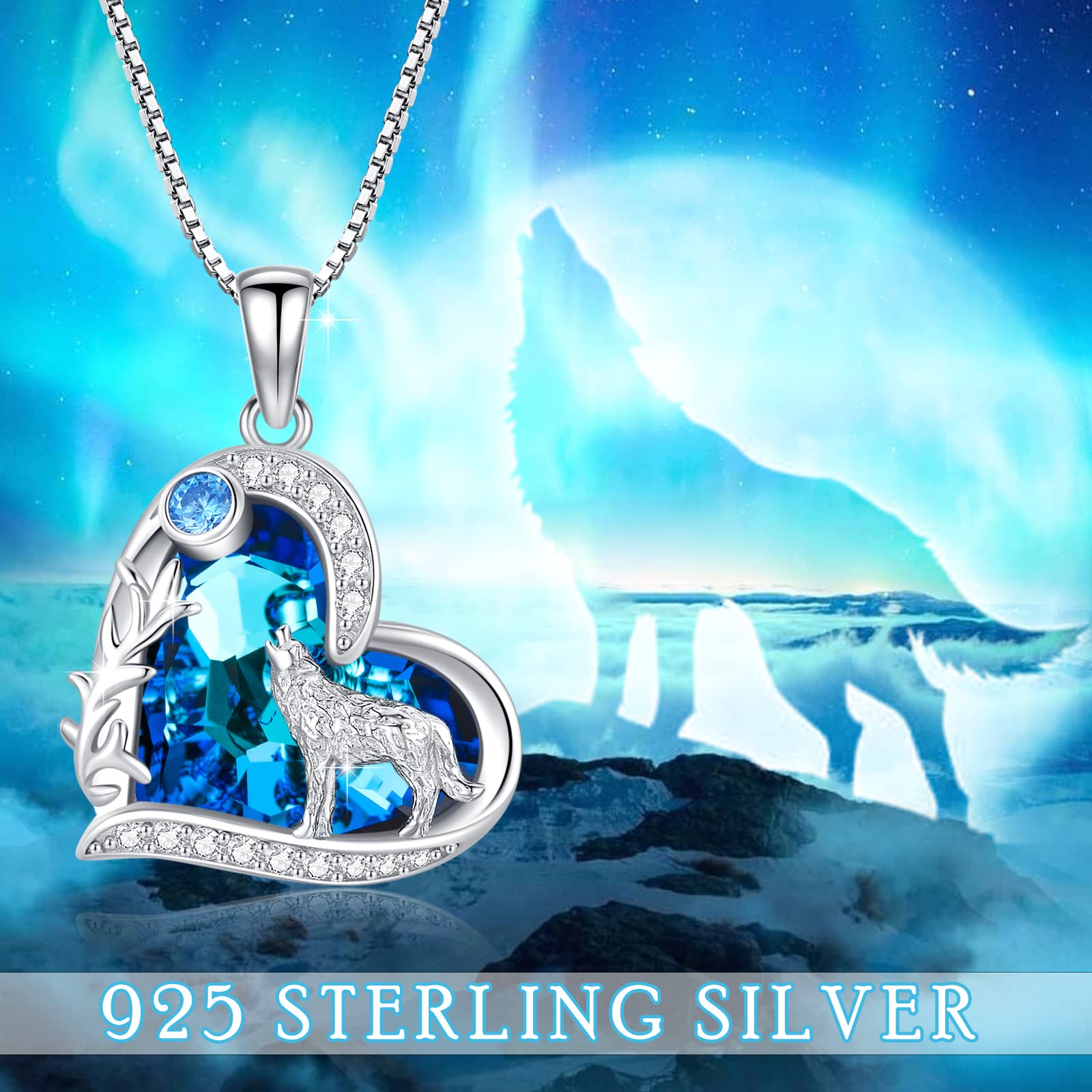 Wolf Kette Sterling Silber Liebesherz Wolf Kristall Halskette Wolf Anhänger Geschenke Weihnachts für Damen Teenager Mädchen（ Kette 18 Zoll + 2 Zoll ）
