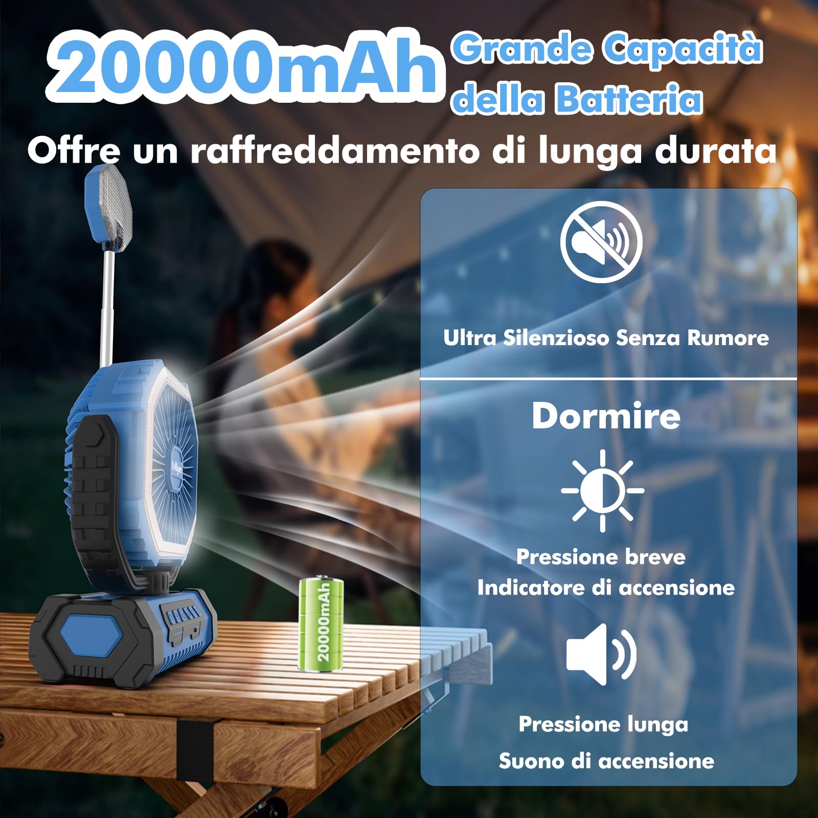Ventilatore da Campeggio con Luce, Alimentazione a Batteria 20000mAh, Ventilatore Portatile Ricaricabile con Telecomando e Gancio Rotante a 360°, 4 Velocità per Interni, Viaggi, Camper (Blu)