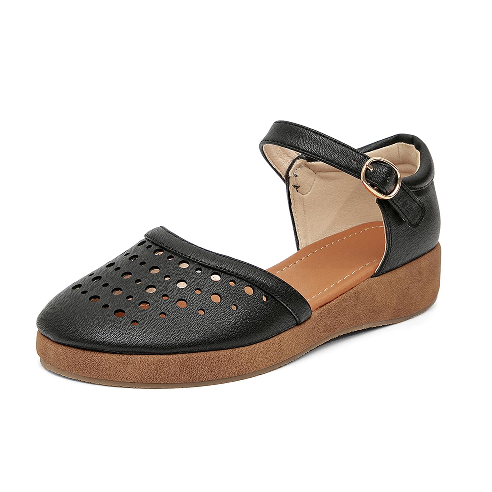 GATUXUS Women's Low Wedge Ankle Strap Buckle Flats Shoes Closed Toe Roman Cage Cusual Flat Sandals