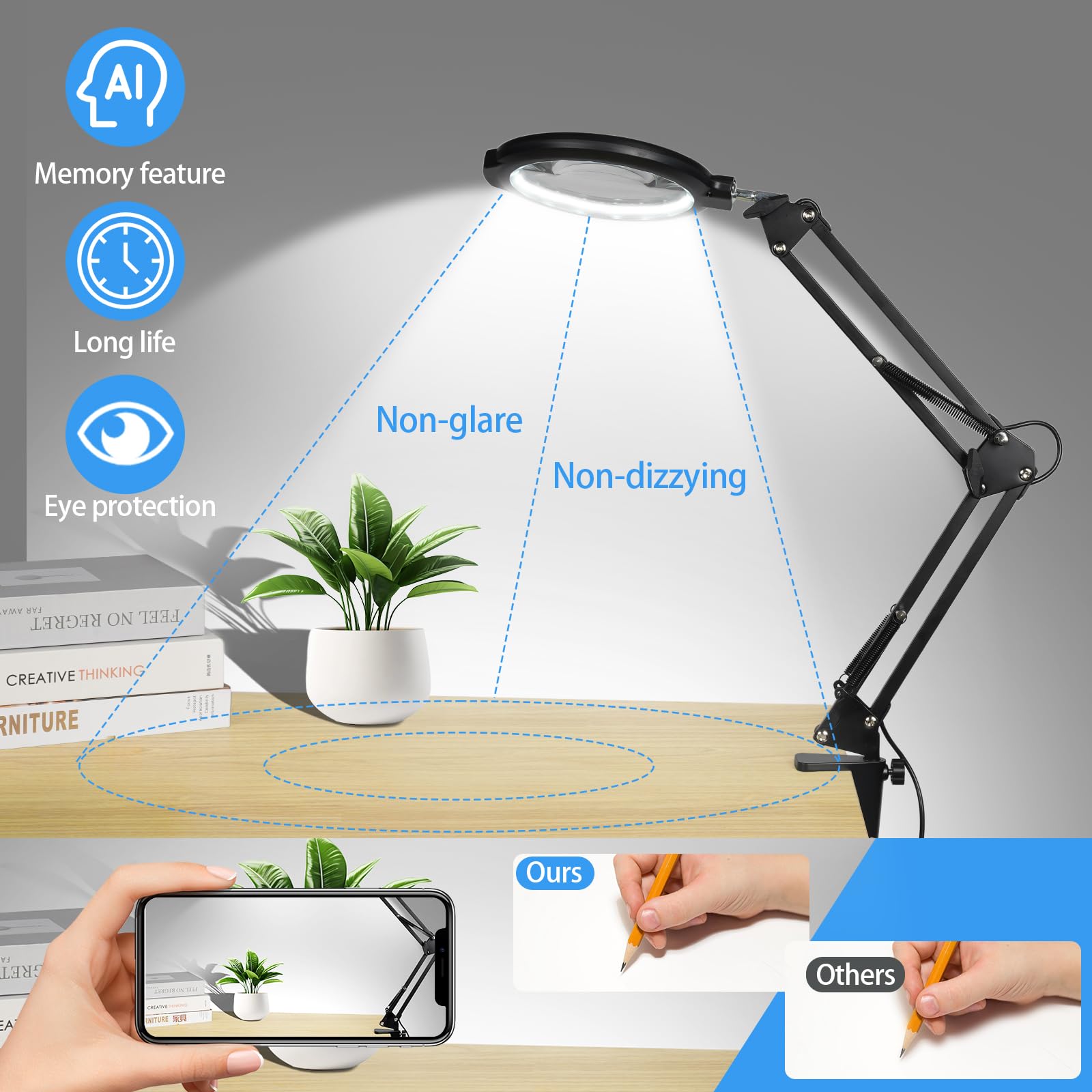 12X Lupa grande con luz y soporte, lámpara de escritorio iluminada con 5 modos de color 10 brillo regulable, lupa con luz manos libres con abrazadera para leer reparación cerrar trabajo