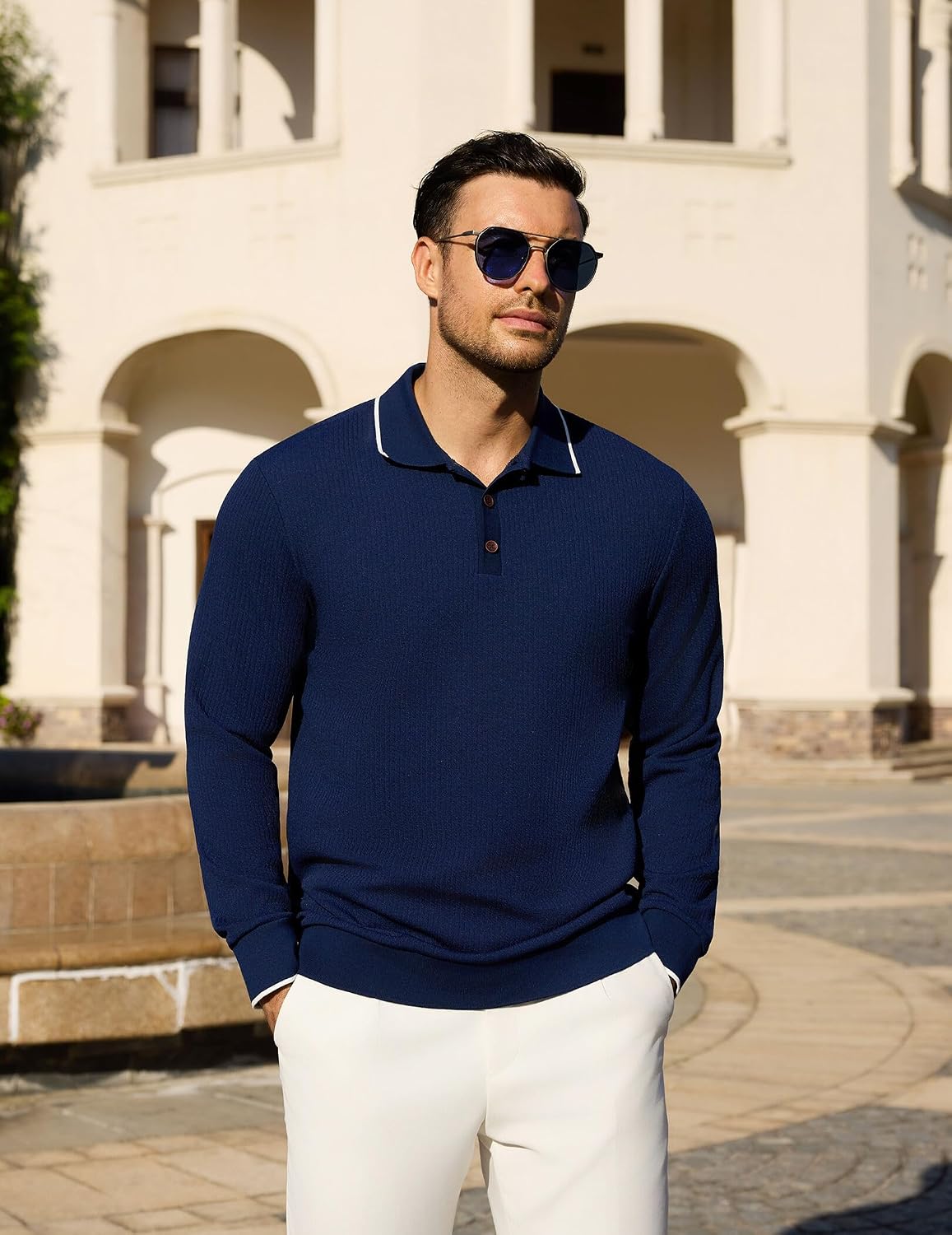 Men's Casual Polo Shirts Long Sleeve Textured Collared Pullover Knit Ribbed Classic Golf Polo Sweaters