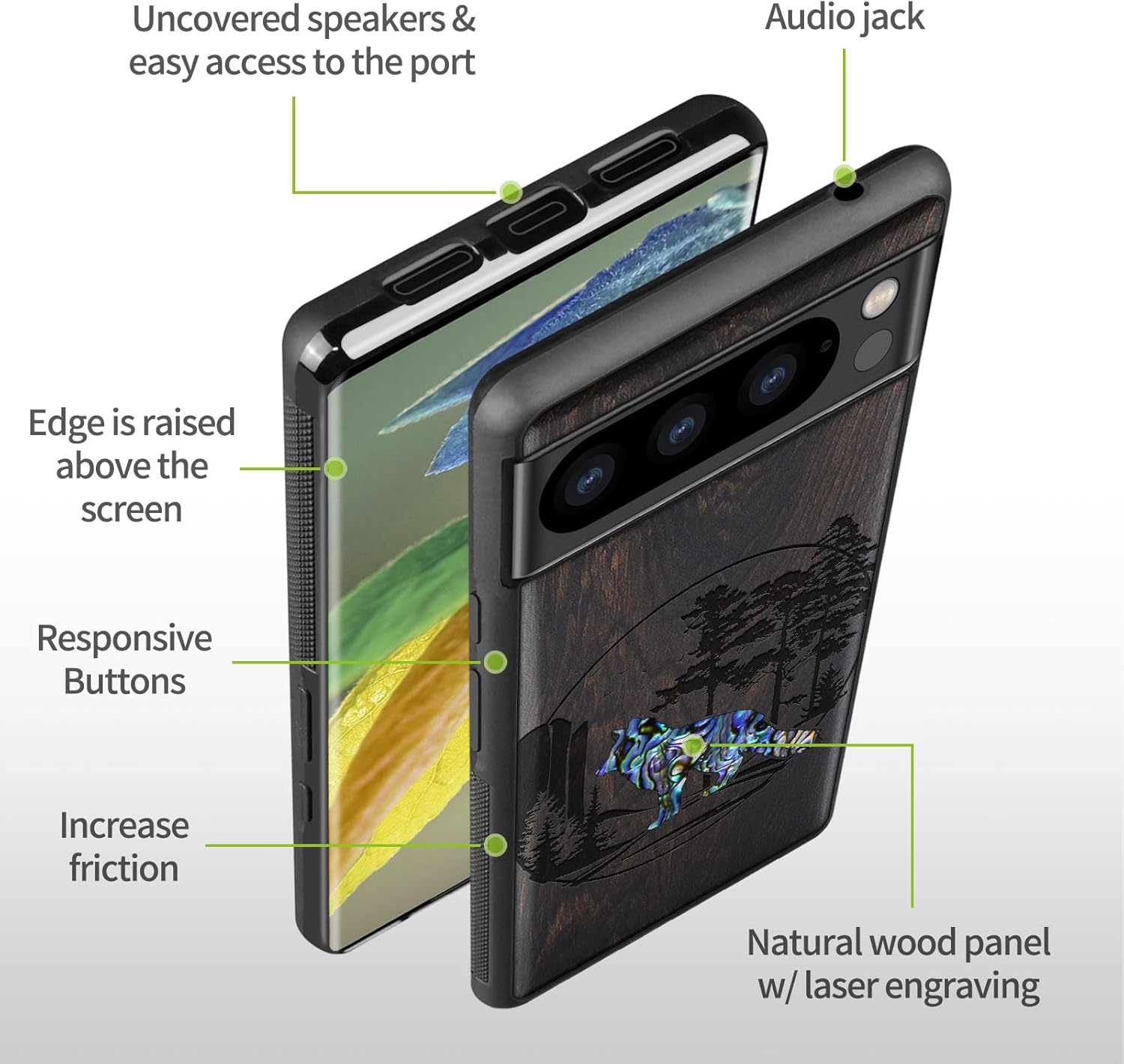 Carveit Designer Wooden Case for Google Pixel 8 Pro Case Cover [Wood Engraving & Shell Inlay] Compatible with Wireless Chargers Pixel 8 Pro (Fox and Woods-Blackwood)