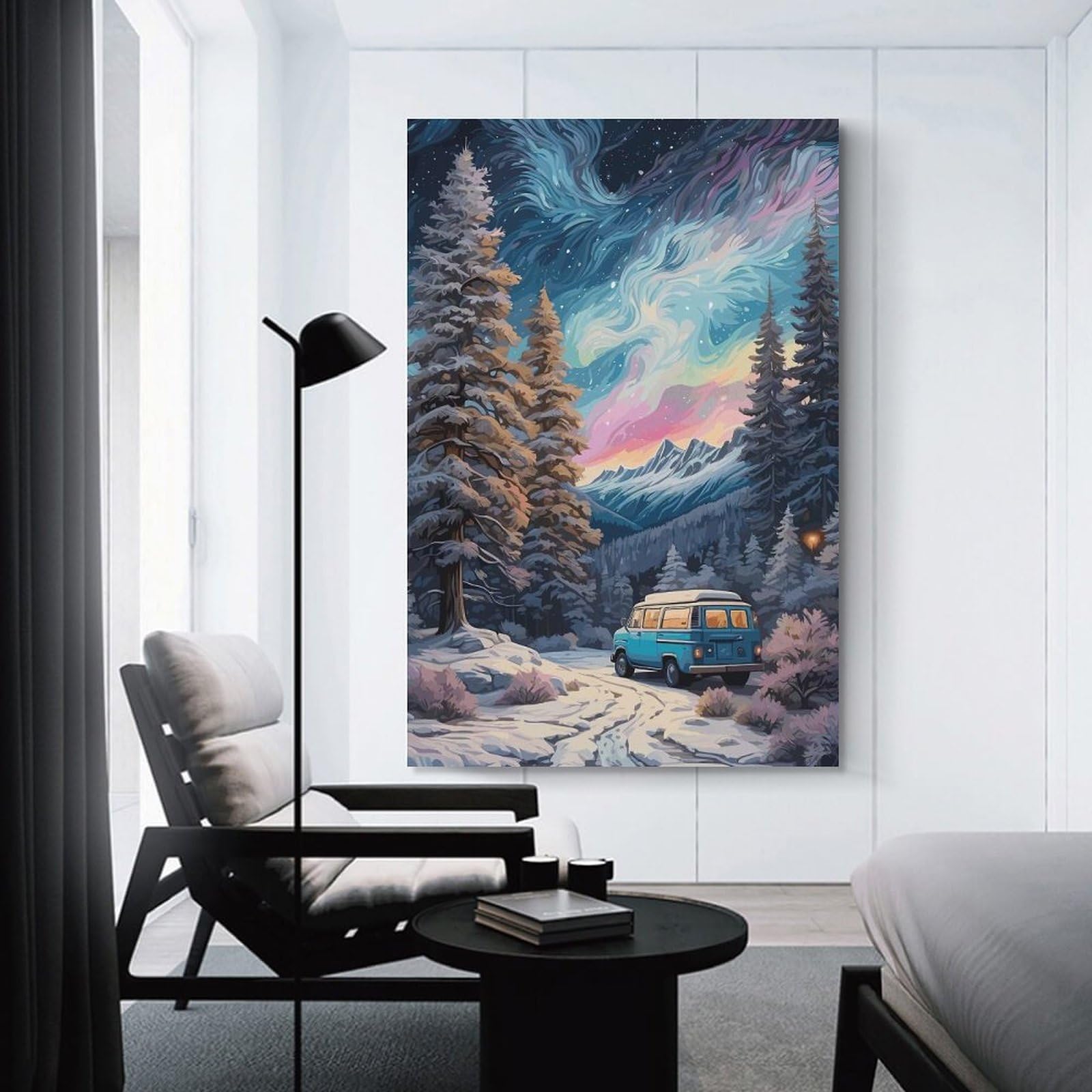 Junmoney Unframe-Style-15 Aurora Borealis Forest Car Canvas Wall Art 20X30inch(50X75cm), For Office Decor, Home Working Or Creative Rooms, Wall Art That Adds Style To Work Areas