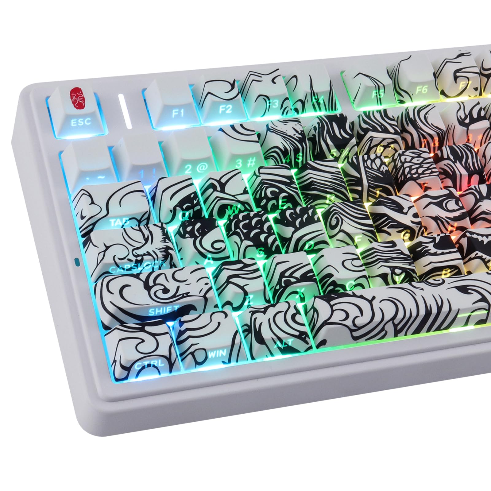 Sunzit PBT Keycaps, 138 teclas, color blanco, perfil de cereza, juego de teclas con barra espaciadora de 6,5 U, diseño de dragón, teclas personalizadas para MX Switches mecánicos, teclado de gaming
