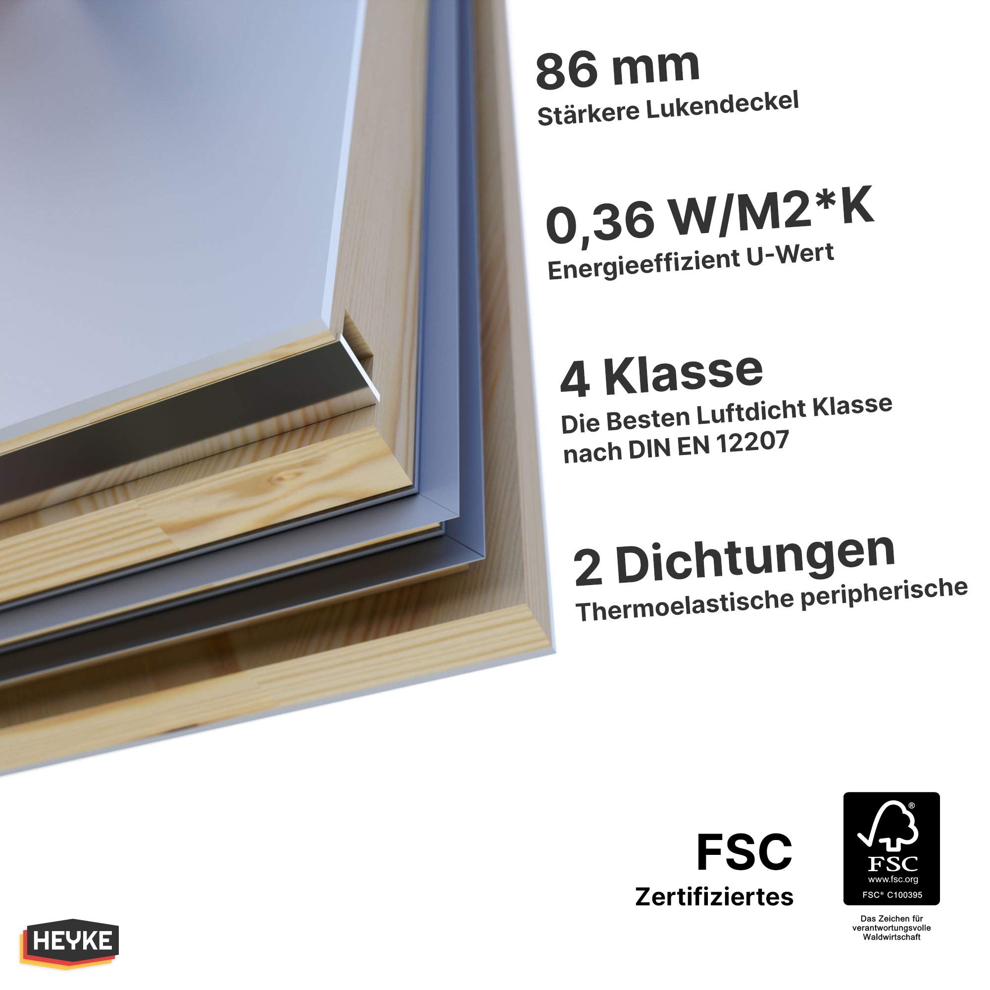Gedämmte HEYKE W1 Bodentreppe mit Zwei Handläufe Spart Energiekosten | U-Wert 0,36 W/M2*K | Luftdichtheitsklasse 4 | 2 Dichtungen | Bequeme Assistenz-Federmechanismus | Möbelqualität