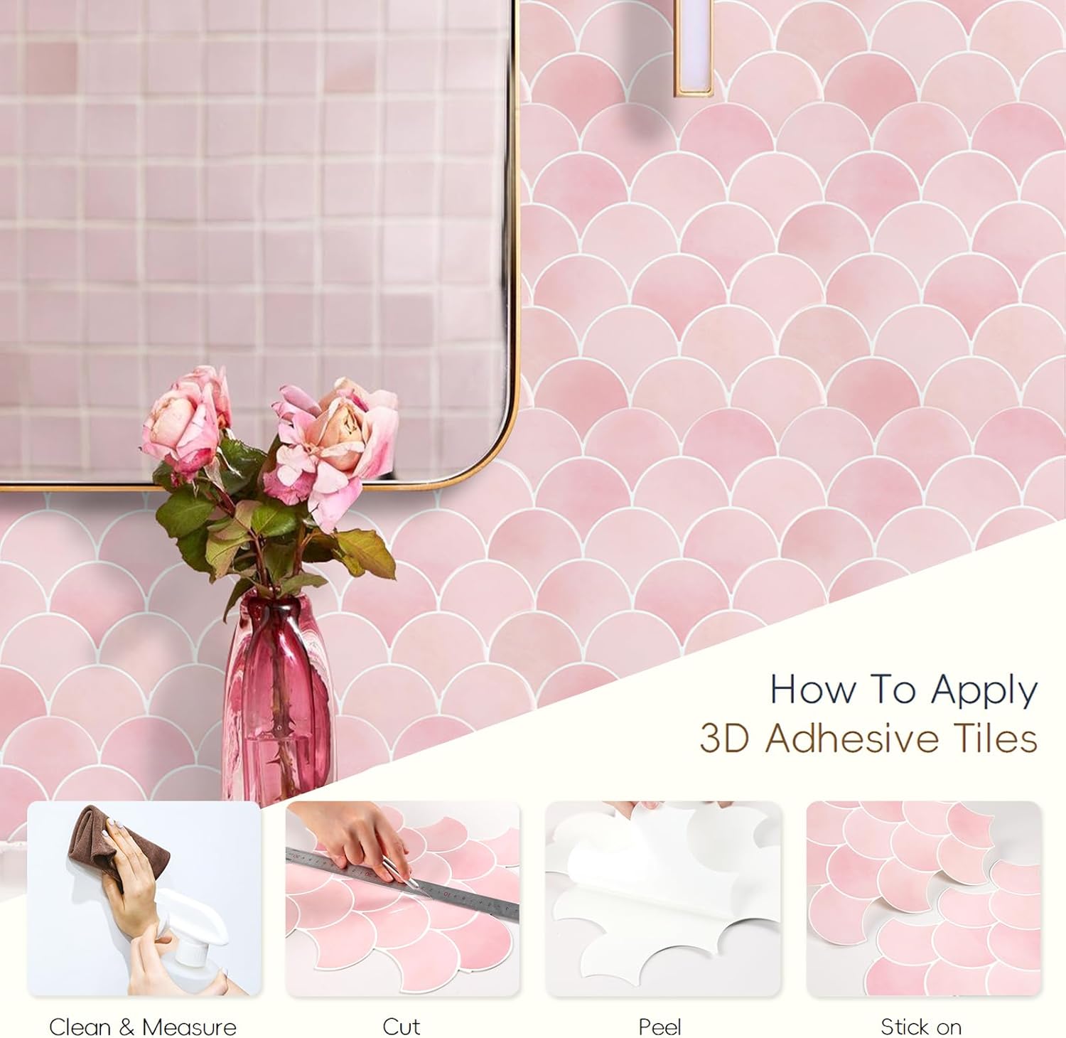 Pink Peel and Stick Backsplash Fish Scale Tile, Removable Renter Friendly Backsplash 3D Adhesive Stick on Wall Tiles for Kitchen Bathroom (10 Sheets)