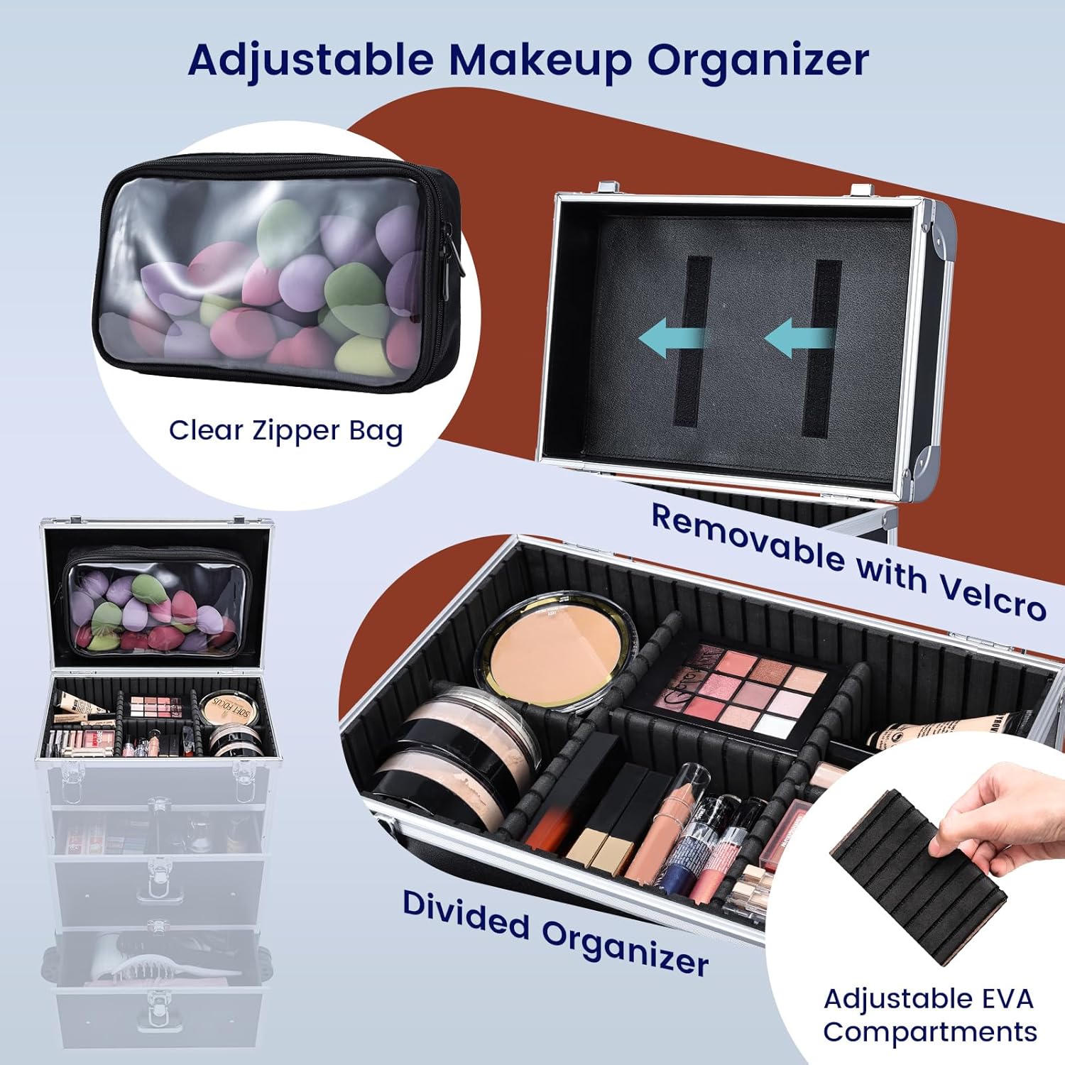 Adazzo Professional Rolling Makeup Train Case with Drawers, Large Cosmetic Trolley with Locks, Cosmetics Storage Organizer Make up Case for Travel Makeup/Nail Art/Hair Styling, Matte Black - Image 3