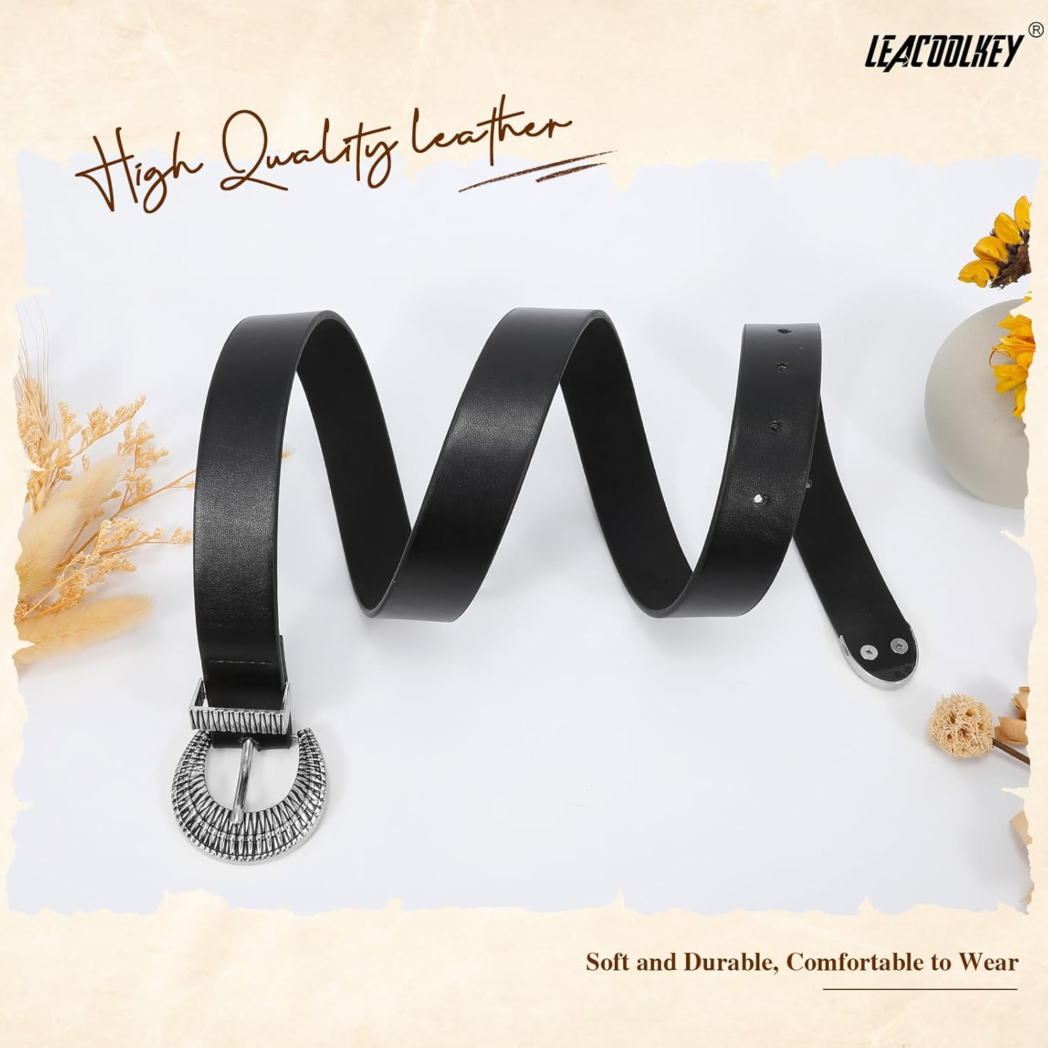 LEACOOLKEY Western Leather Belt for Women Vintage Design Buckle Waist Belt for Jeans Dress - Image 4