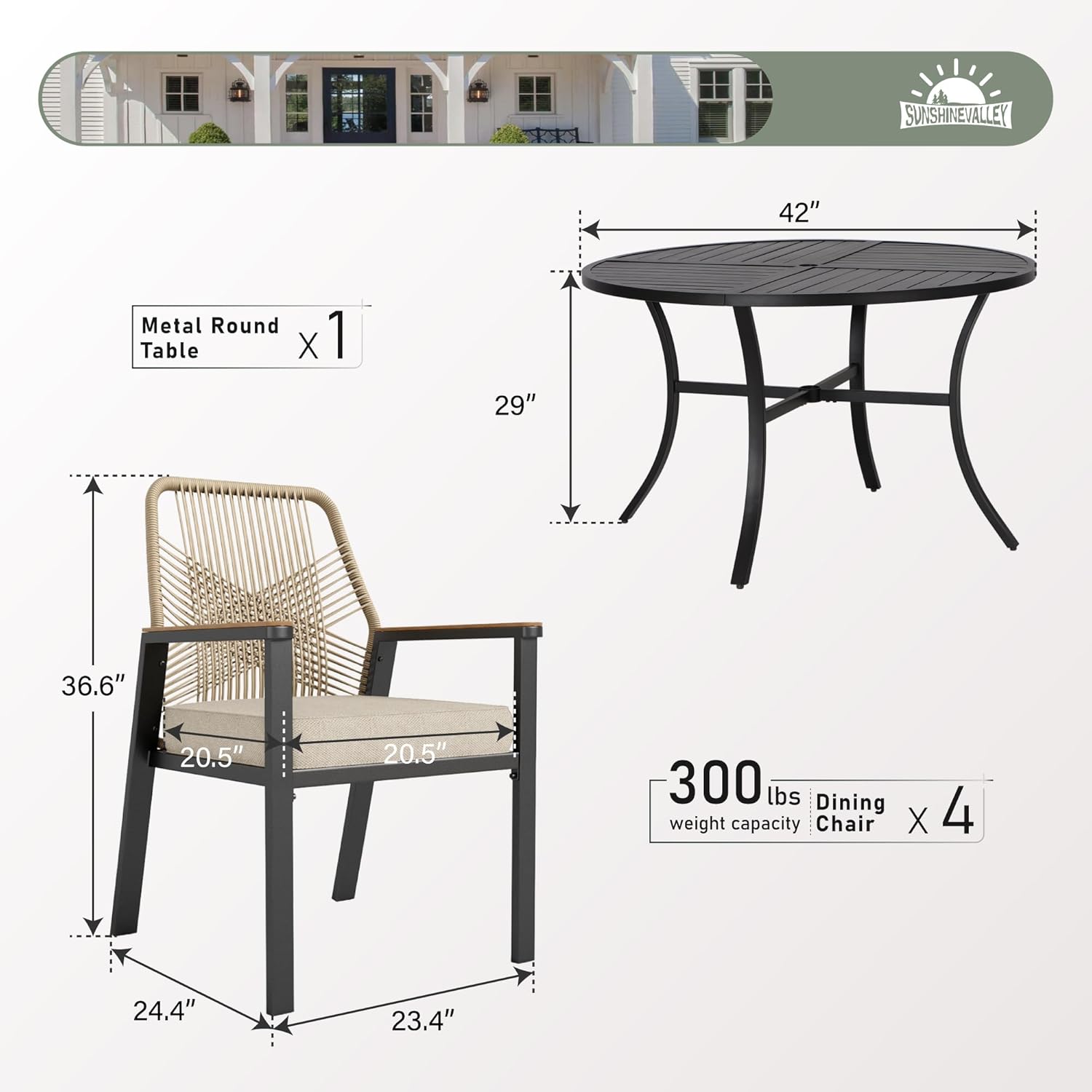 5 Pieces Patio Dining Set, 4 x Woven Rattan Chairs with Waterproof Cushion, 42” Metal Round Dining Table with Umbrella Hole, Outdoor Table and Chairs Set for Backyard Lawn and Deck, Beige