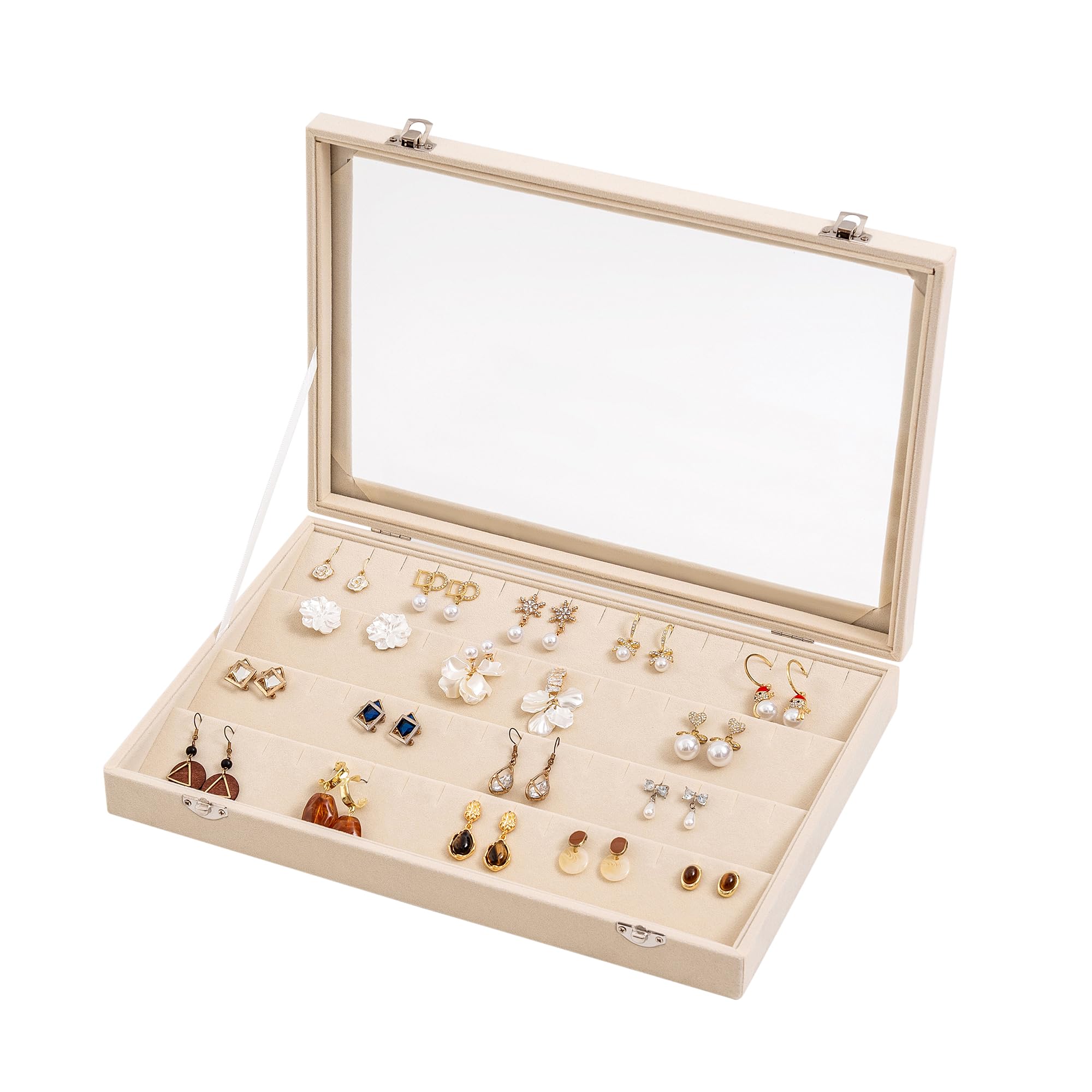 Frebeauty 64-Fächer Ohrring-Organizer mit Glasdeckel und Samteinsatz | Samtfutter, Staubgeschützt, Abschließbar, Schmuck Organizer Für Schubladen, Ohrstecker Aufbewahrung, Glasdeckel, Elegant