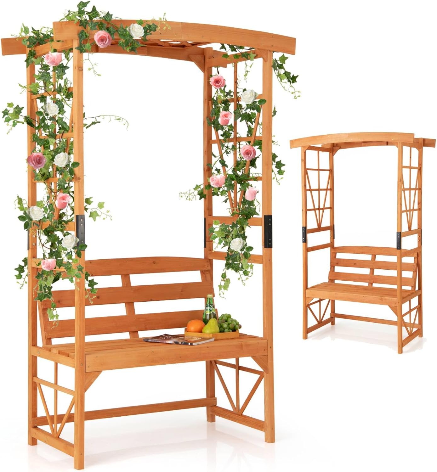 TANGZON Garden Arch with 2-Seat Bench, Wooden Lawn Patio Trellis Pergola, Outdoor Rose Vines Climbing Support Garden Arbor Archway for Wedding Party (120 x 58 x 189 cm, Orange, 300kg)