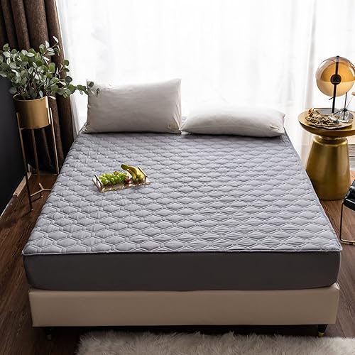 ERNZI Fitted Mattress Pad,Thickened Cotton Quilted Deep Pocket Mattress Topper,Bedroom Hotel Solid Color Non-Slip Bedding Sheets Bed Cover,Grey,180