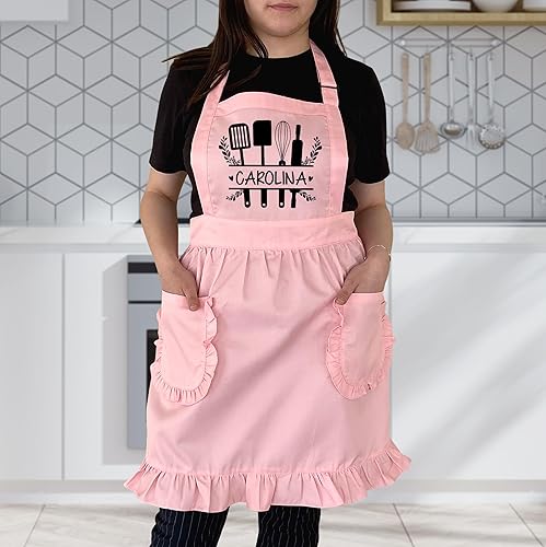 Miniatura 2 de TEEAMORE Delantal con volantes personalizados para cocina, cocción, parrilla, limpieza, disfraz de criada, delantal retro con bolsillos