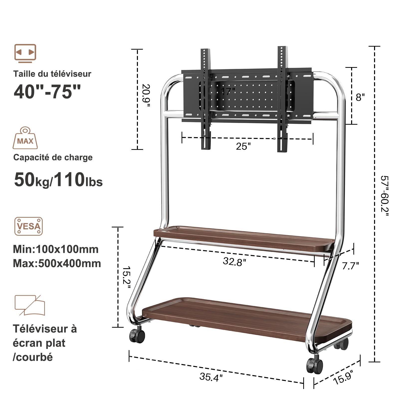 Support TV avec 2 étagères en bois et plaque perforée pour 32-75" Argenté