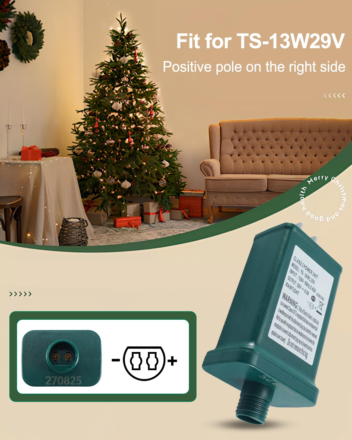 TS-26W29V Class 2 Power Supply Transformer, 29V 0.9A Adapter | for LED String and Christmas Tree Lights, Outdoor Holiday Lighting, IP44 Raintight, US Plug, 1/2 Inch Connector Pack of 1