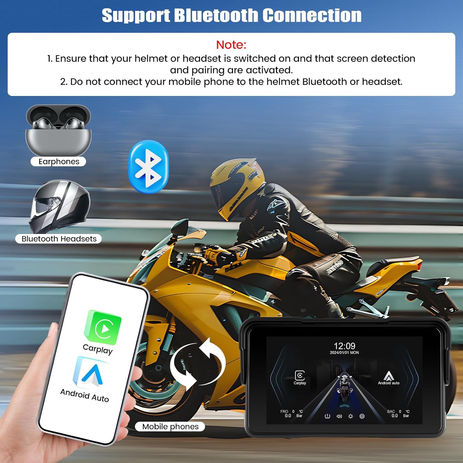Diagram showing a mobile phone connecting to the CAMECHO Motorcycle Navigator via Bluetooth, which then connects to earphones or Bluetooth headsets.